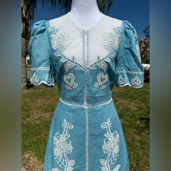 NWT🌷Farm Rio Floral Embroidery Linen Short Sleeve Open Back Midi Dress - Picture 1 of 12